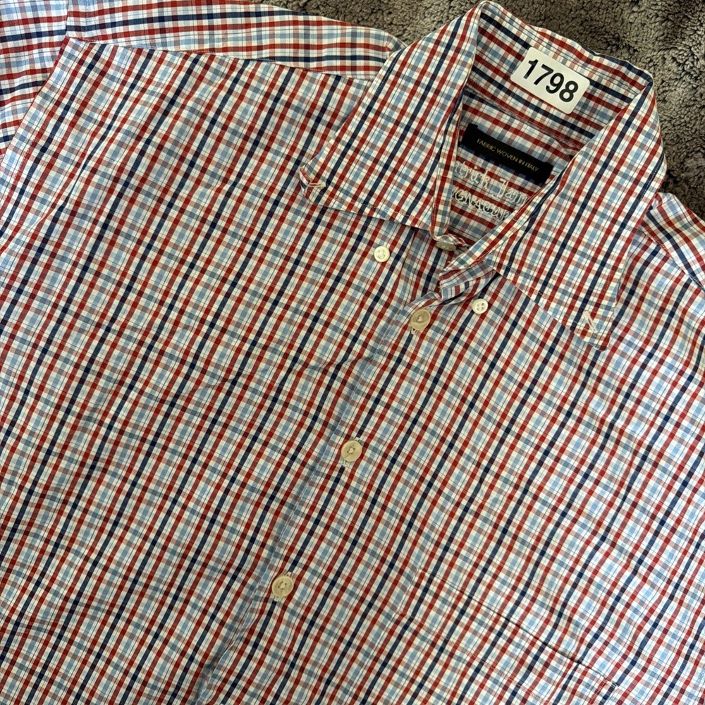 Patrick James Signature Red White Blue Plaid Shirt Men Button Down Short Sleeve